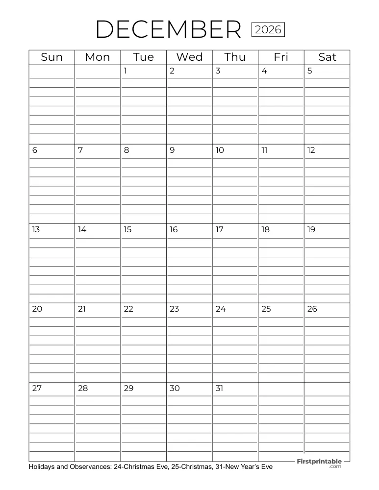 December Calendar 2026 with Lines