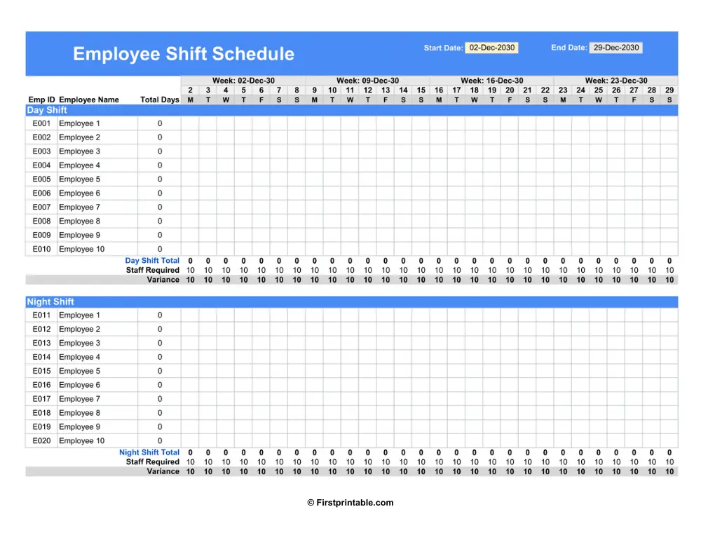 Employee Shift Schedule Employee Shift Schedule