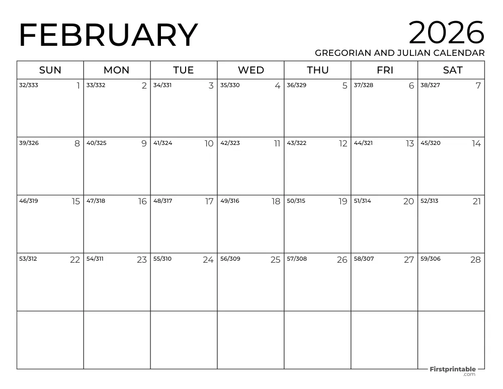 February 2026 Gregorian and Julian Calendar