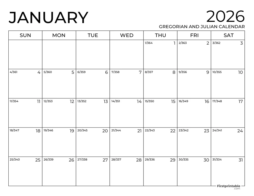 January 2026 Gregorian and Julian Calendar