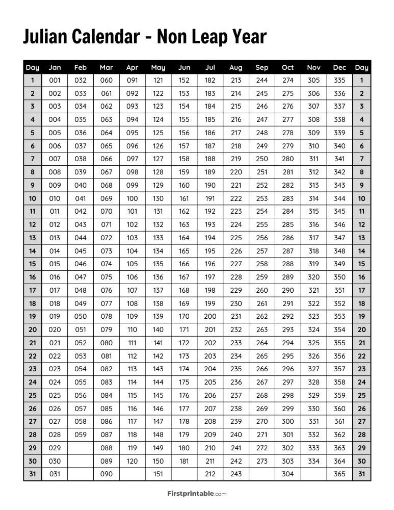 Julian Calendar Non Leap Year 01