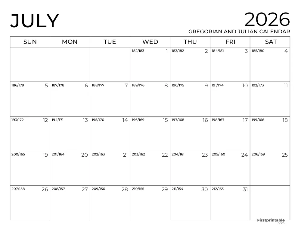 July 2026 Gregorian and Julian Calendar