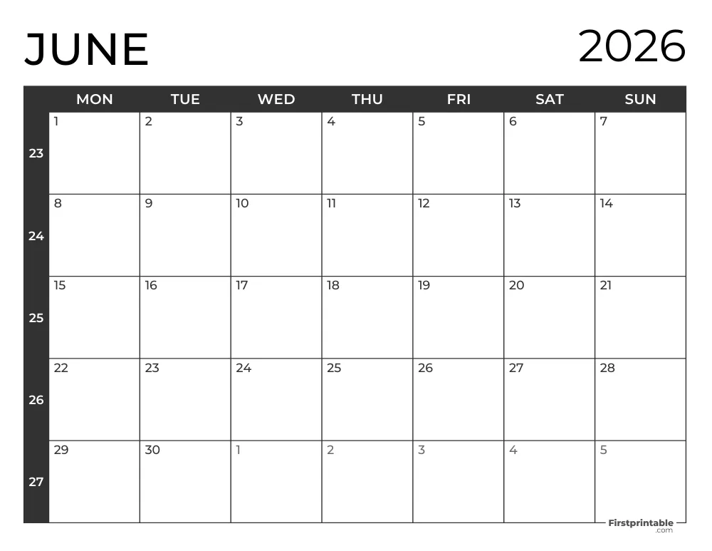 June 2026 Calendar with Week Numbers ISO 8601