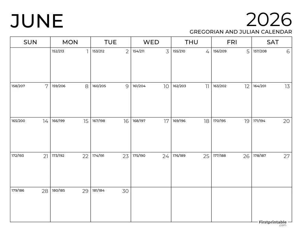 June 2026 Gregorian and Julian Calendar