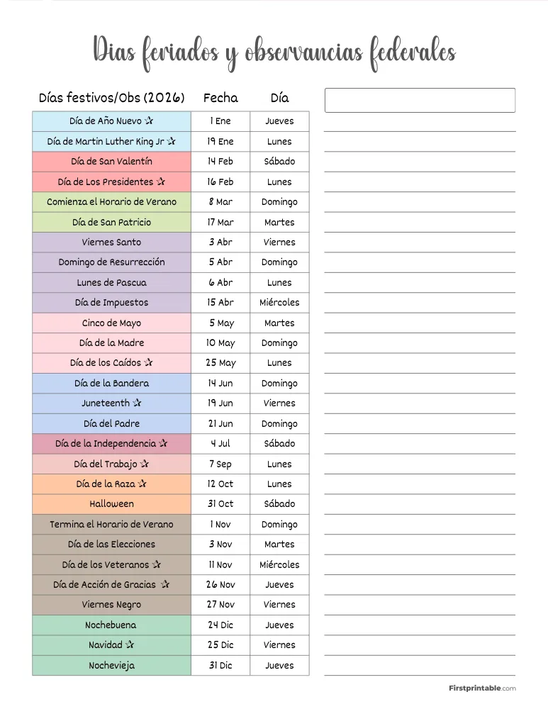 Lista completa de días festivos en EE. UU. 2026 plantilla 01