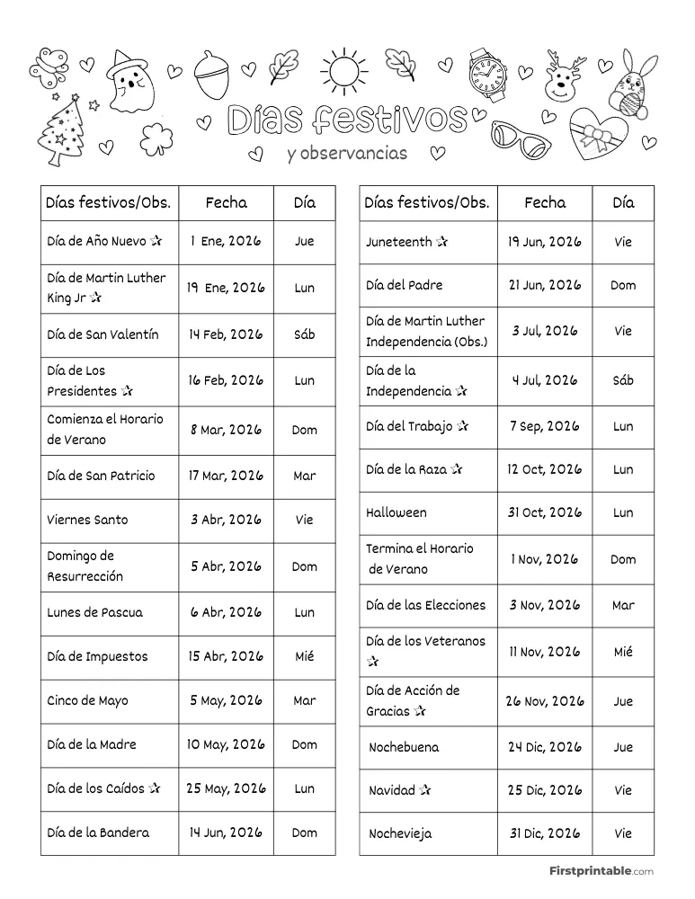 Lista completa de días festivos en EE. UU. 2026 plantilla 02