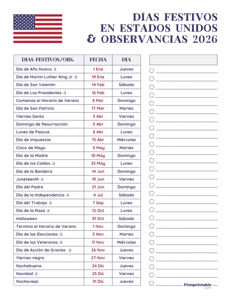 Lista completa de días festivos en EE. UU. 2026 plantilla 03