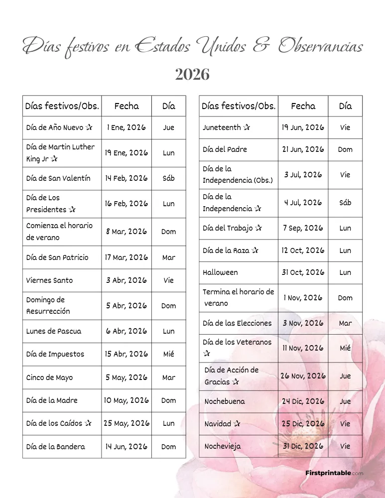 Lista completa de días festivos en EE. UU. 2026 plantilla 04