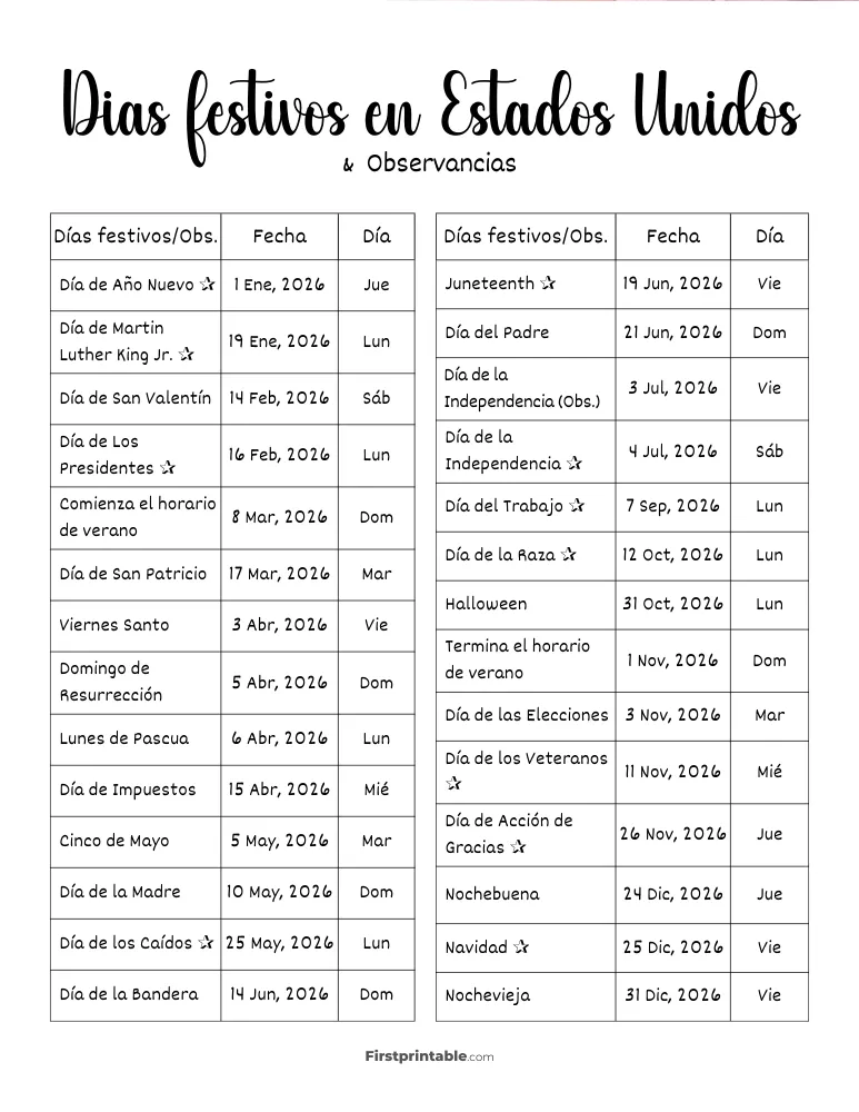 Lista completa de días festivos en EE. UU. 2026 plantilla 05
