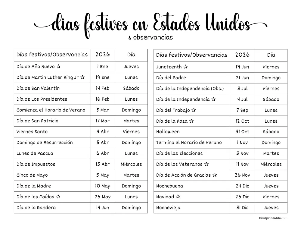 Lista completa de días festivos en EE. UU. 2026 plantilla 06