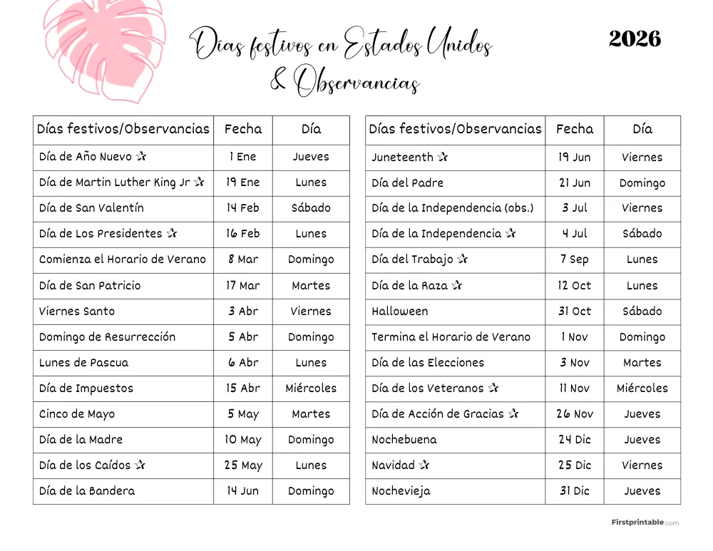 Lista completa de días festivos en EE. UU. 2026 plantilla 07