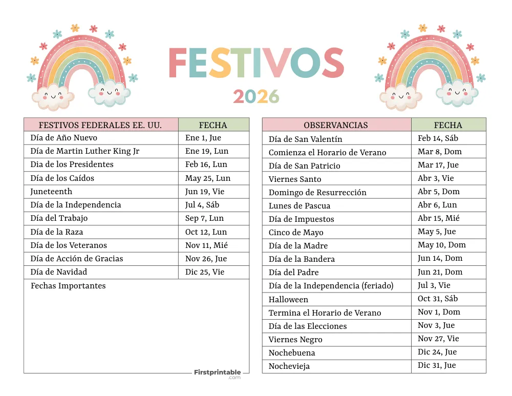 Lista completa de días festivos en EE. UU. 2026 plantilla 08