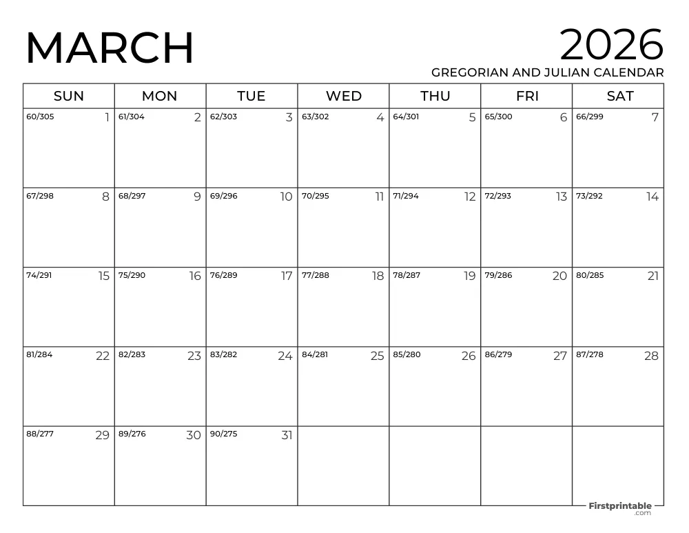 March 2026 Gregorian and Julian Calendar