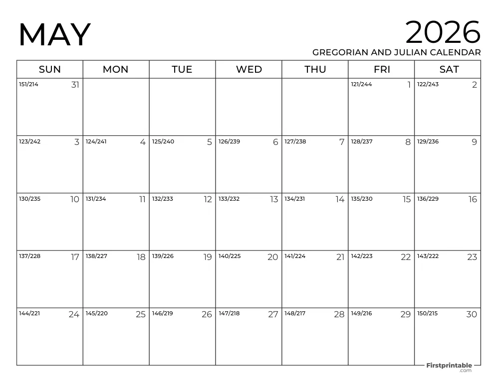 May 2026 Gregorian and Julian Calendar