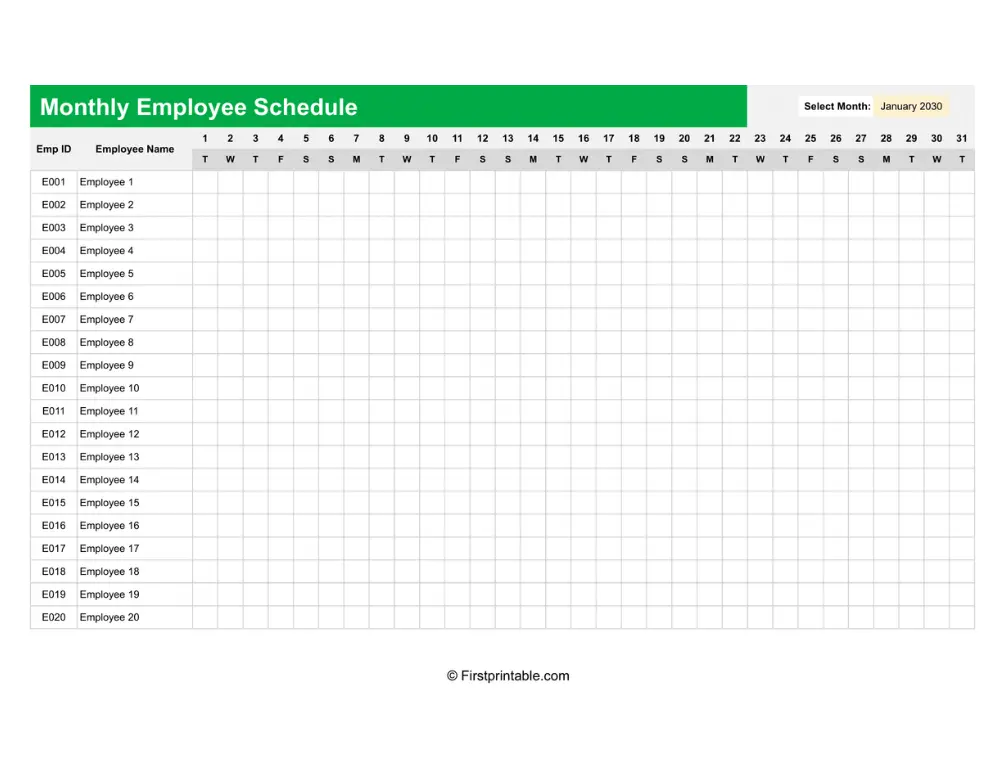 Monthly Employee Schedule Monthly Employee Schedule