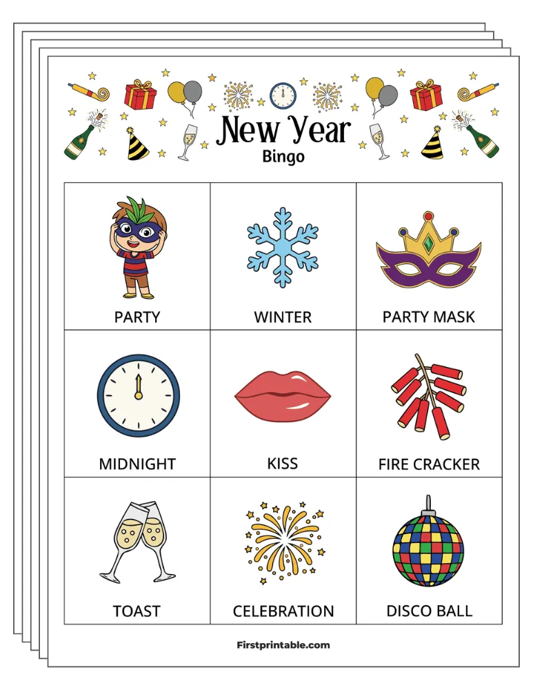 New Year's Bingo Cards 01 - Half Page - 3x3 (24 Cards)