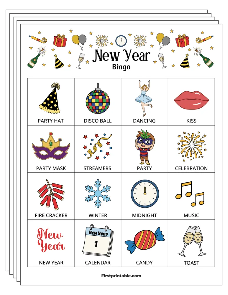 New Year's Bingo Cards 01 - Half Page - 4x4 (24 Cards)
