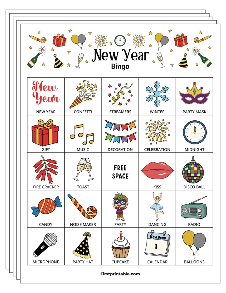 New Year's Bingo Cards 01 - Half Page - 5x5 (24 Cards)