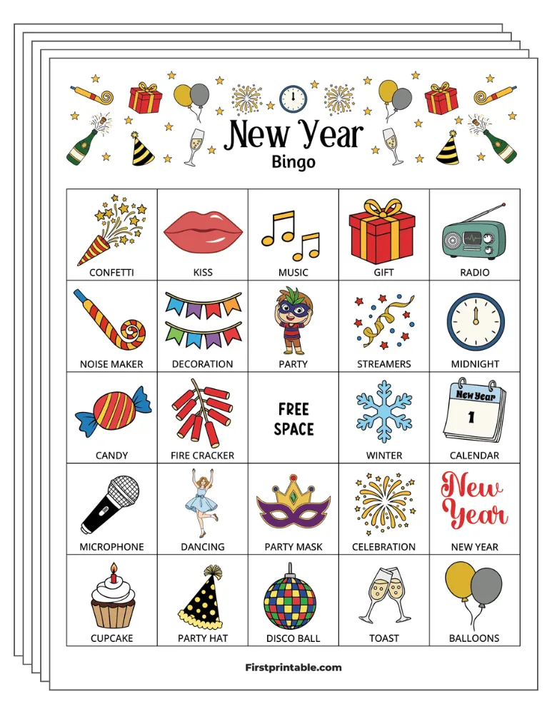New Year's Bingo Cards 01 - 5x5 (24 Cards)