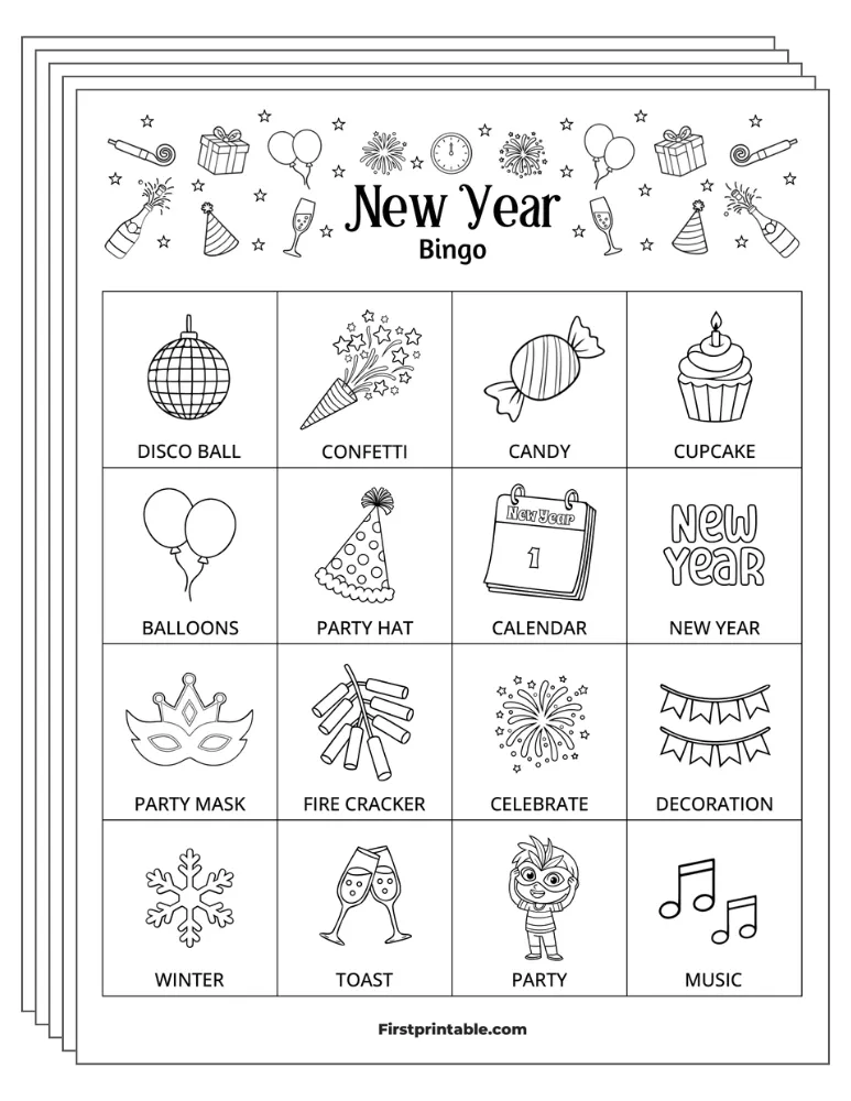 New Year's Bingo Cards 02 - Half Page - 4x4 (24 Cards)