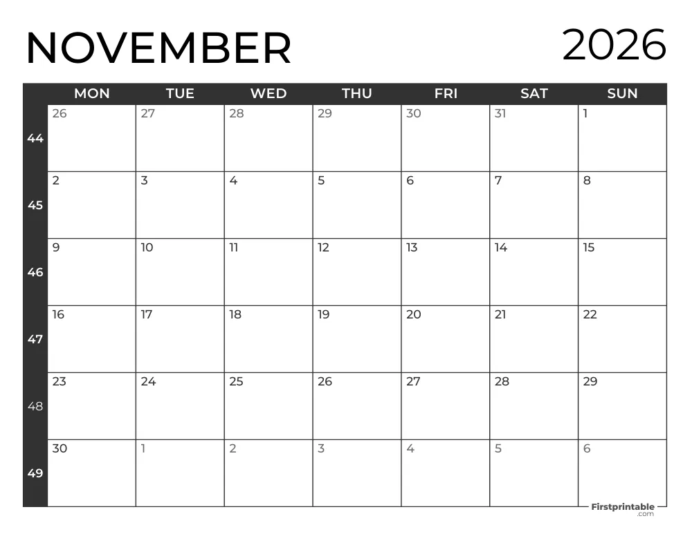 November 2026 Calendar with Week Numbers ISO 8601
