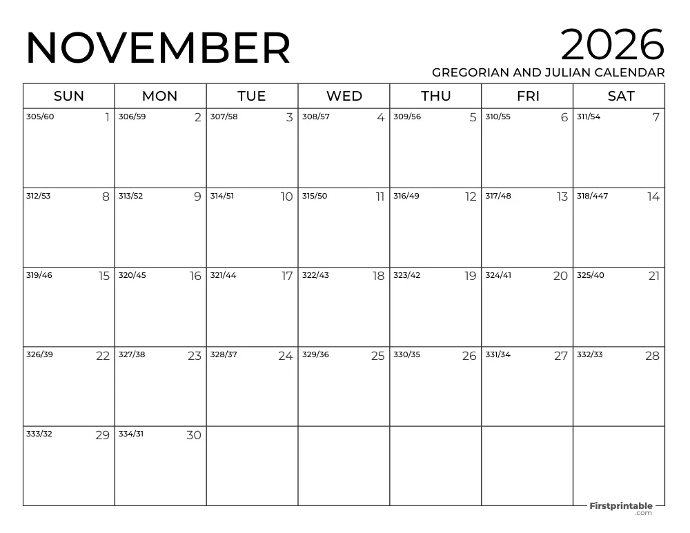 November 2026 Gregorian and Julian Calendar