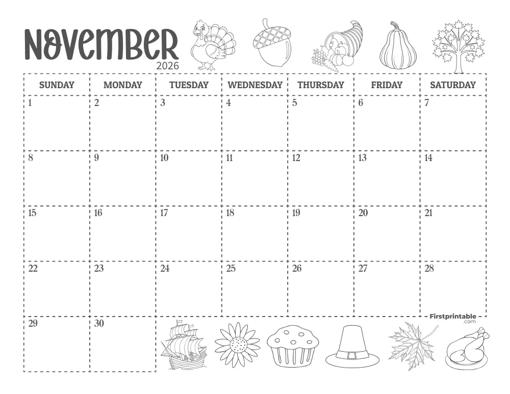 November Calendar 2026 Thanksgiving Themed 01