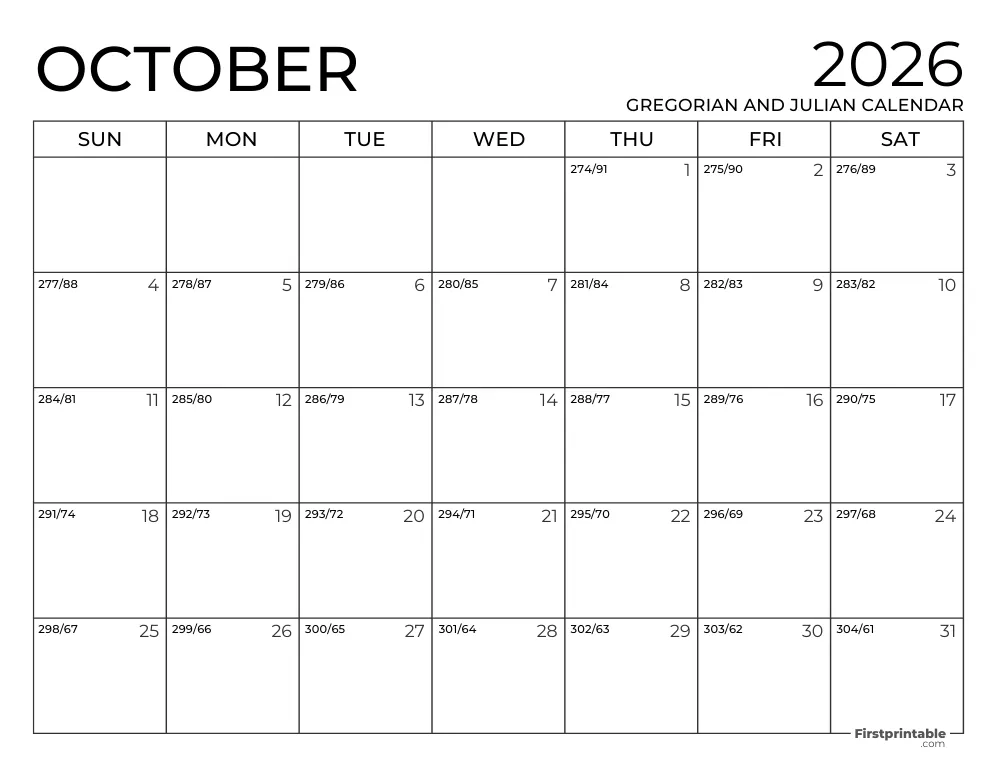 October 2026 Gregorian and Julian Calendar