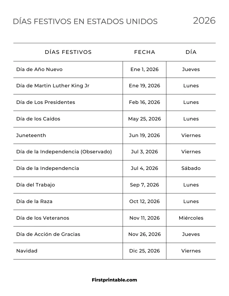 Plantilla de Días Festivos 2026 en Estados Unidos 06