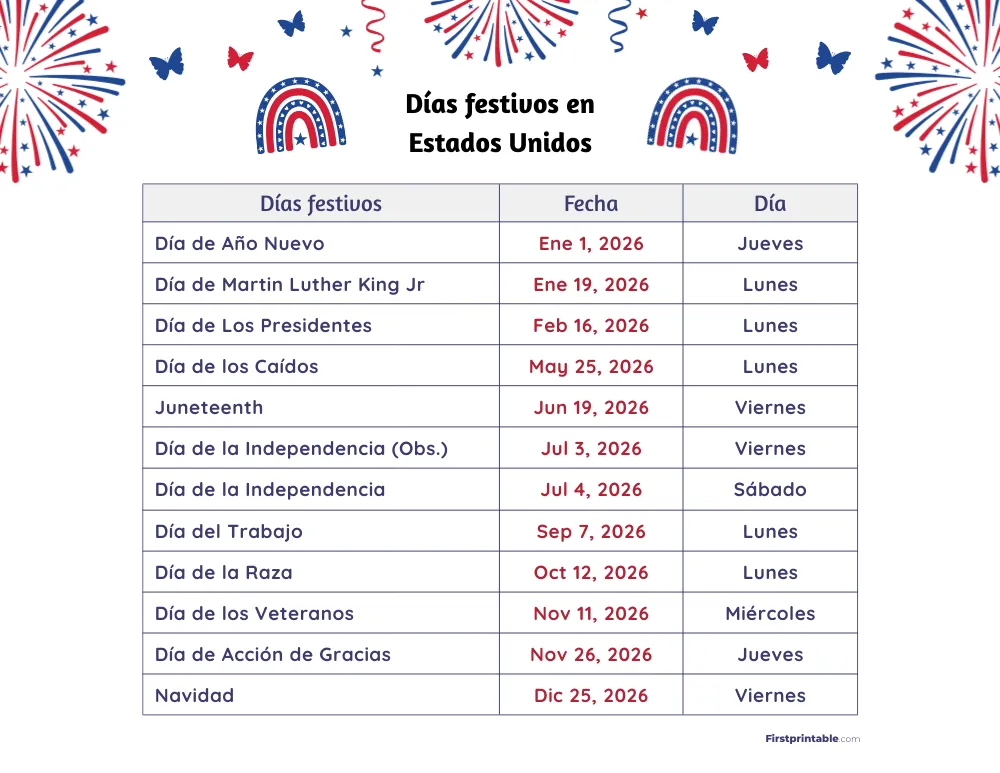 Plantilla de Días Festivos 2026 en Estados Unidos 10