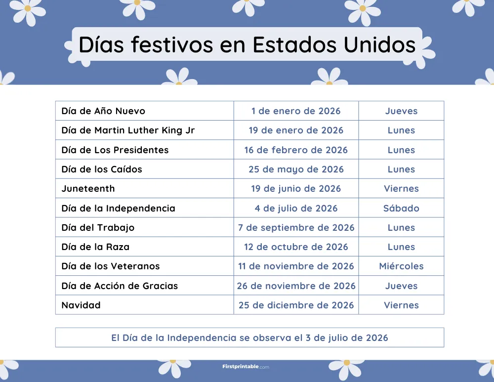 Plantilla de Días Festivos 2026 en Estados Unidos 11