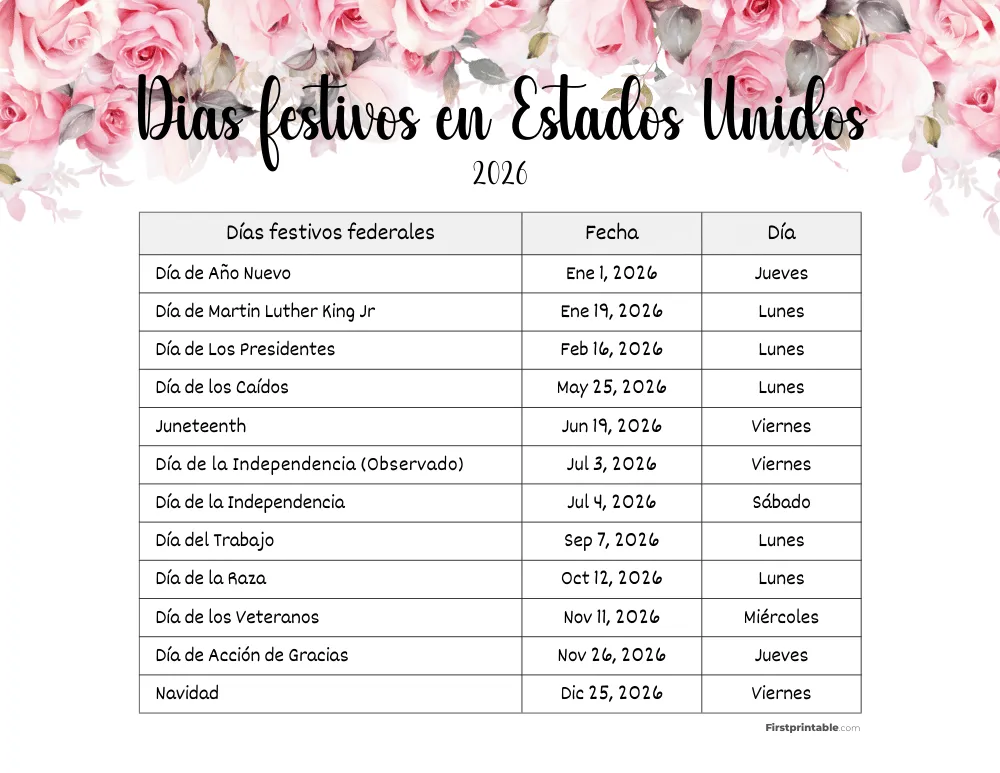 Plantilla de Días Festivos 2026 en Estados Unidos 12