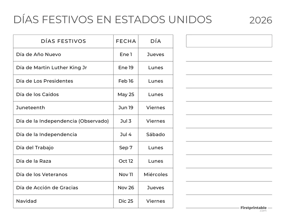 Plantilla de Días Festivos 2026 en Estados Unidos 13