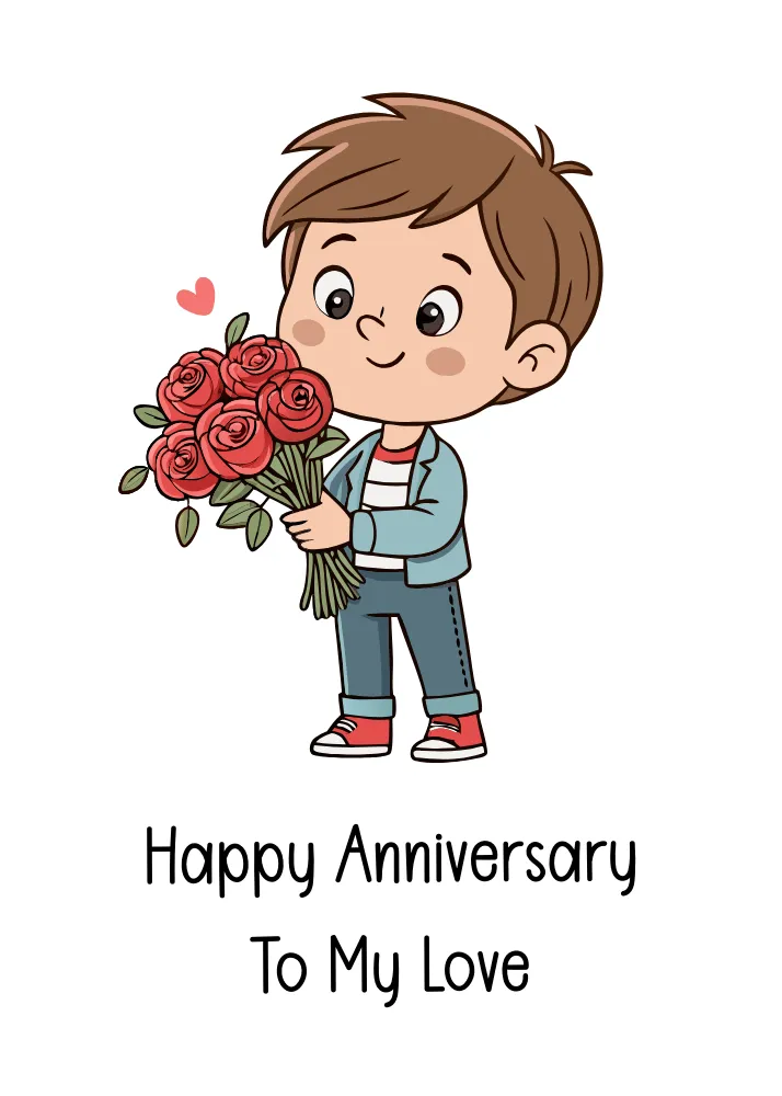 Boy with a Bouquet Happy Anniversary Card
