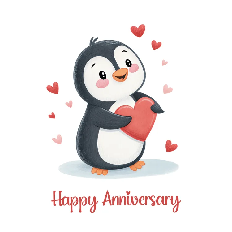 Cute Penguin with Heart Happy Anniversary Card