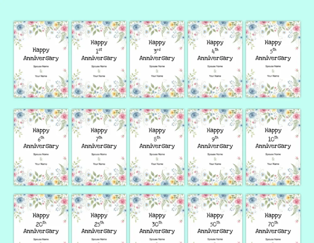 Printable Anniversary Cards - Watercolor Floral Border