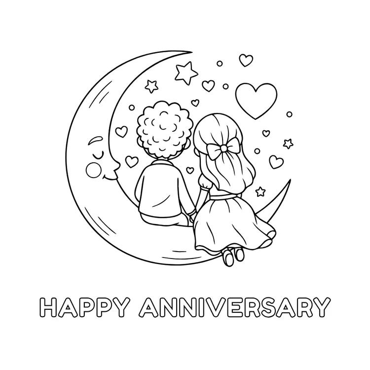 Kawaii Couple on Crescent to Color