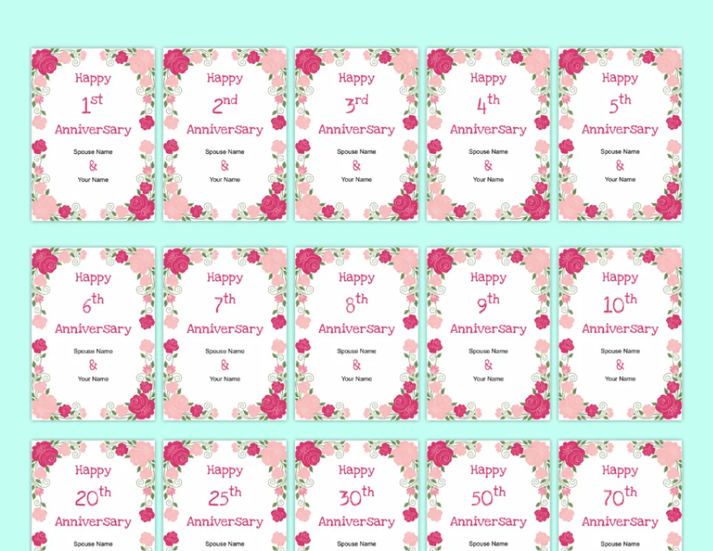 Printable Anniversary Cards by Year - Aesthetic Floral Border