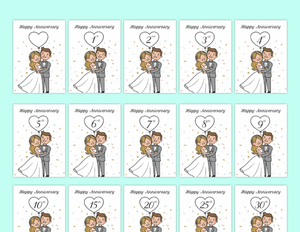 Printable Anniversary Cards by Year - Cute Lovely Couple