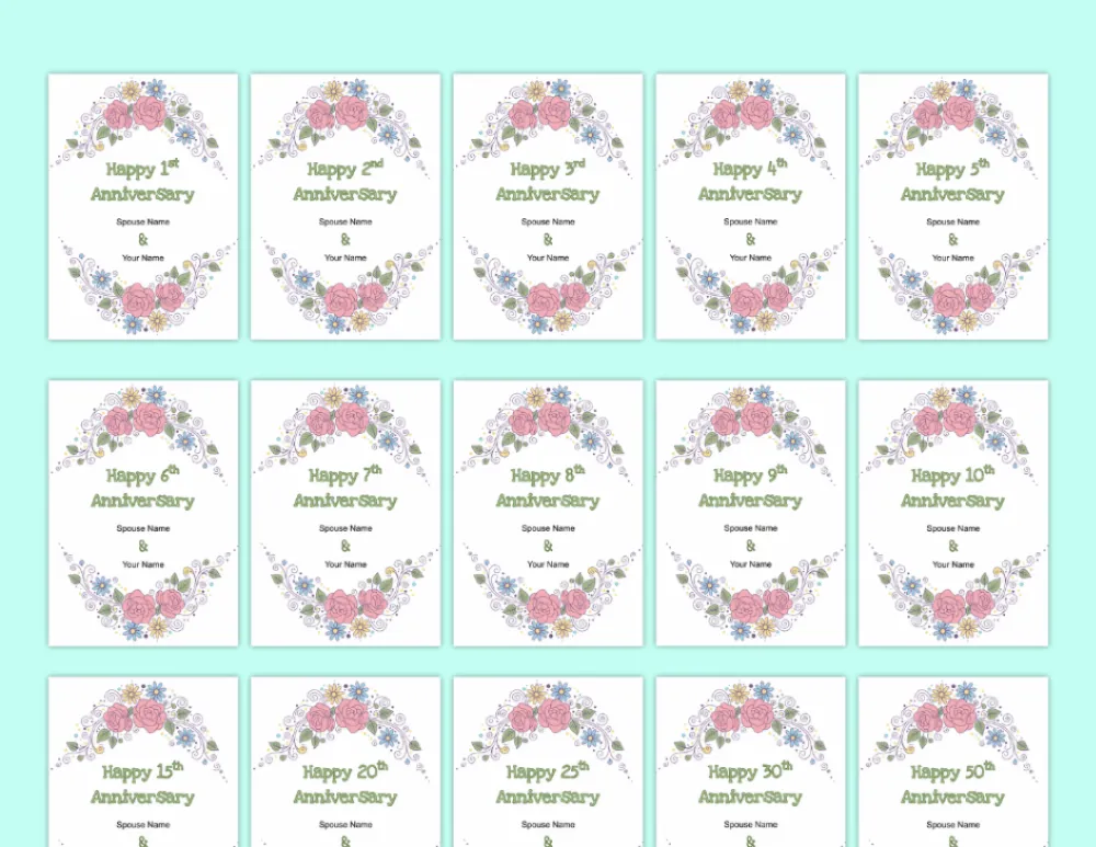 Printable Anniversary Cards by Year - Floral Frame