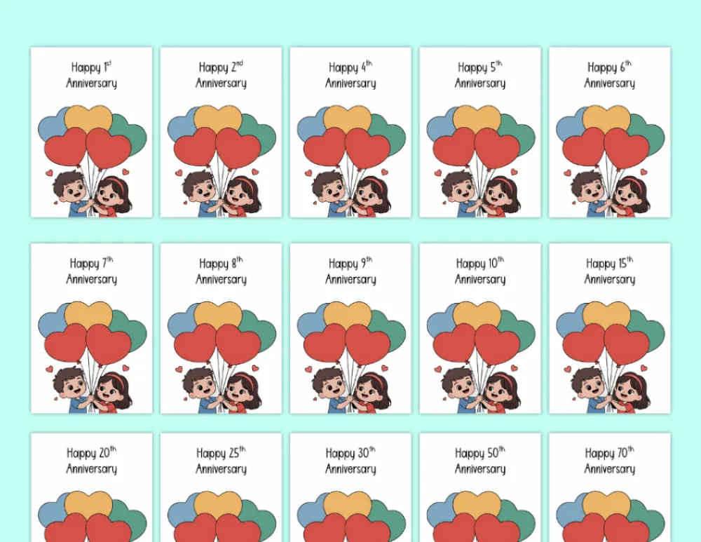 Printable Anniversary Cards by Year - Kids with Balloons