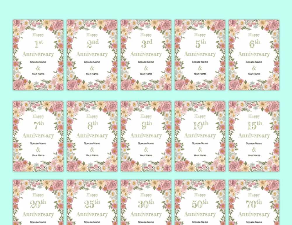 Printable Anniversary Cards by Year - Watercolor Floral Border