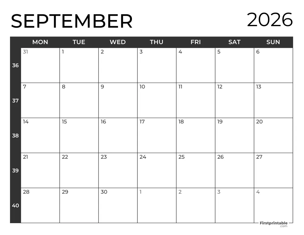 September 2026 Calendar with Week Numbers ISO 8601