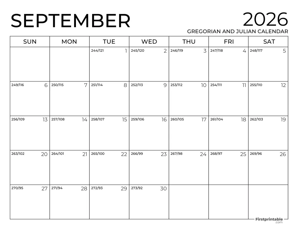 September 2026 Gregorian and Julian Calendar
