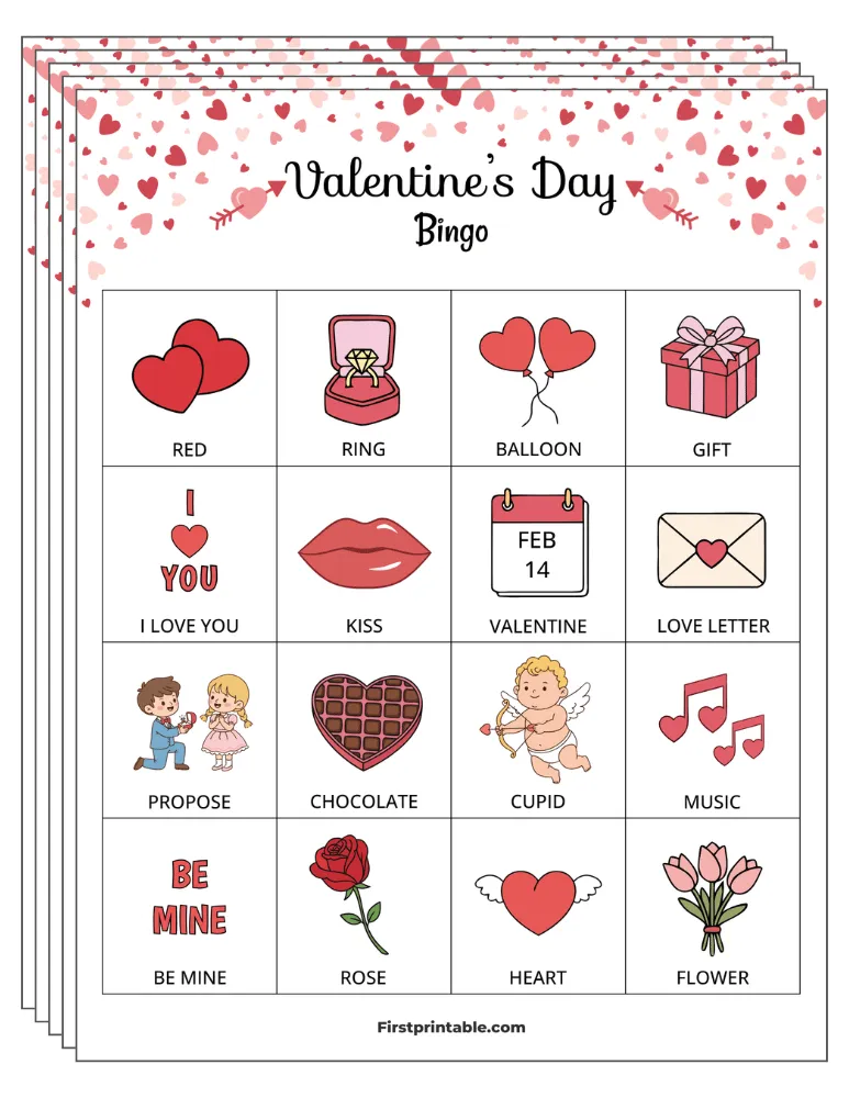 Valentine's Bingo Cards 01 - Half Page - 4x4 (24 Cards)