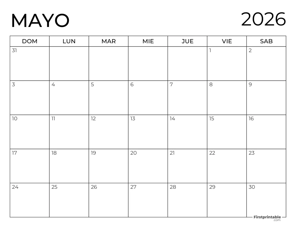 Calendario 2026 para imprimir de Mayo
