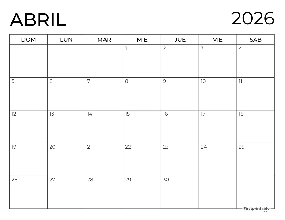Calendario 2026 para imprimir de abril