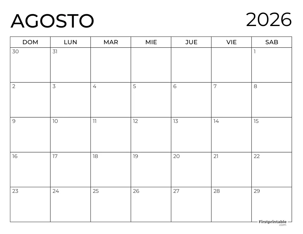 Calendario 2026 para imprimir de agosto