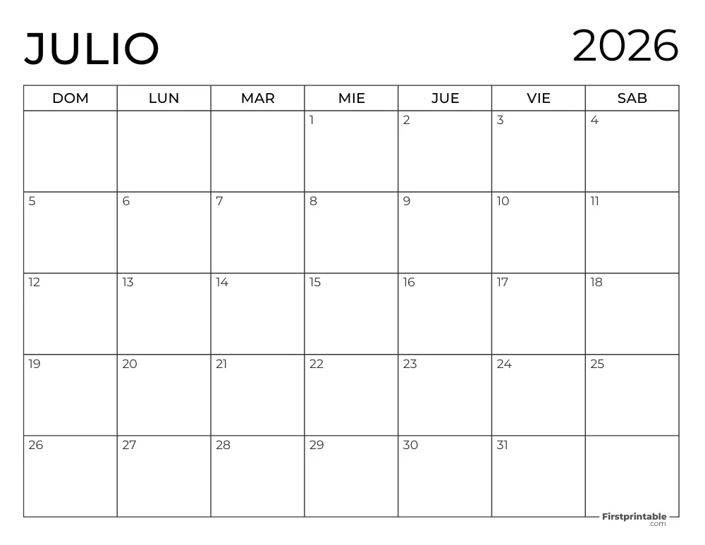 Calendario 2026 para imprimir de julio