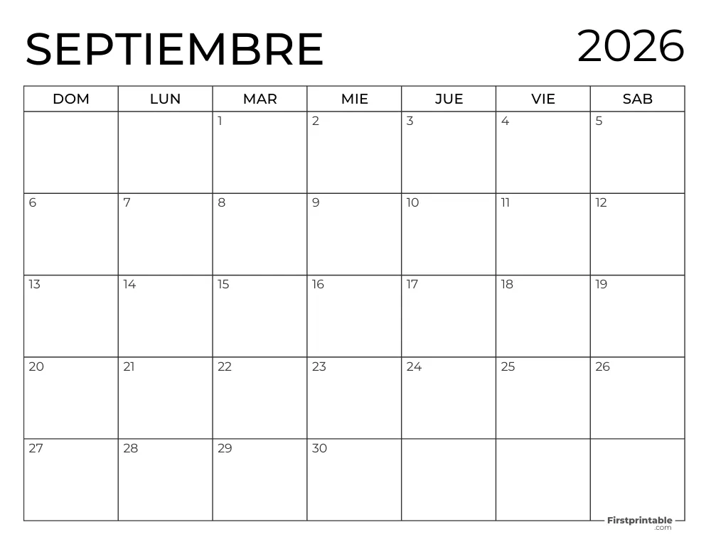 Calendario 2026 para imprimir de septiembre